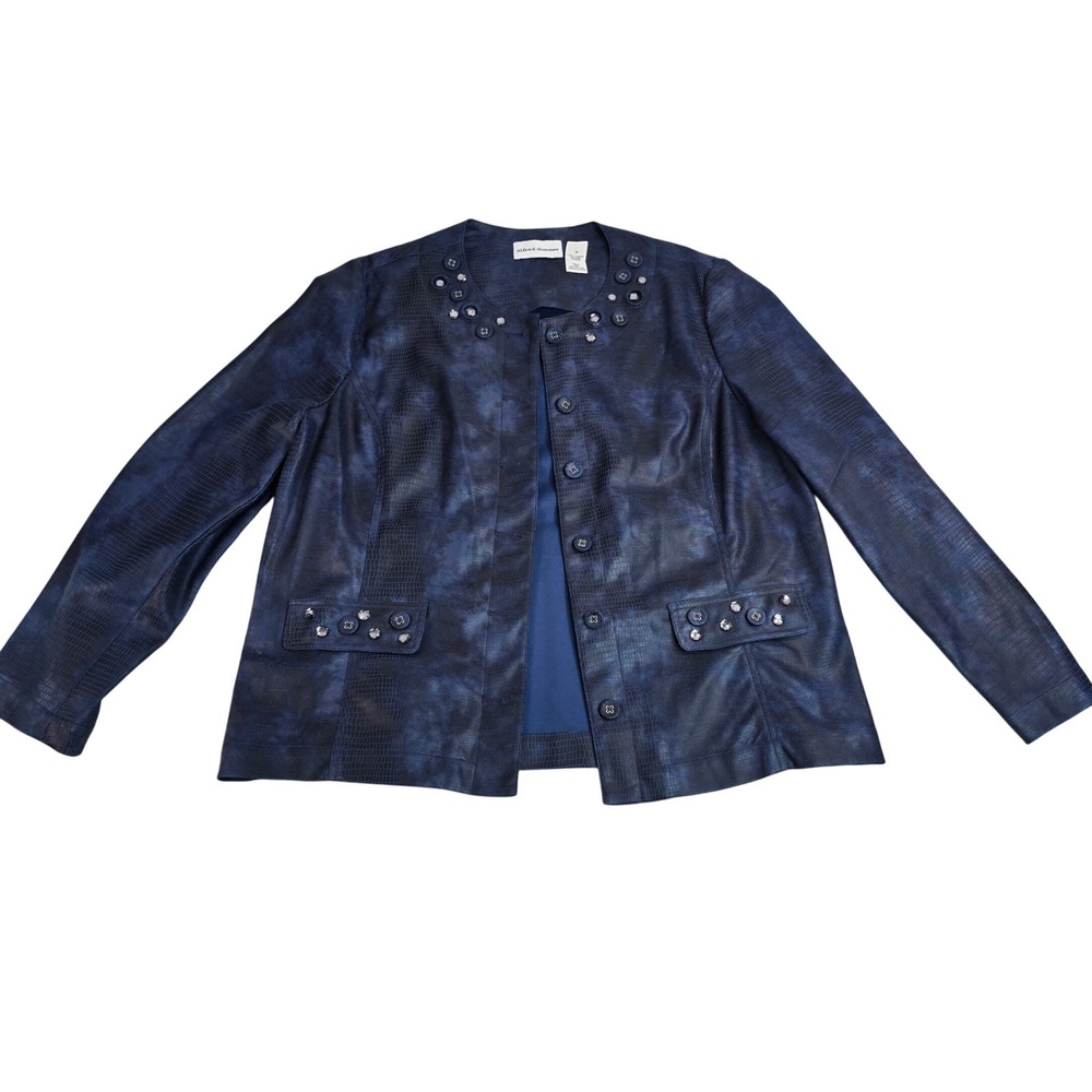 Alfred Dunner Navy Blue Faux Snakeskin Rhinestone Embellished Jacket Size 16